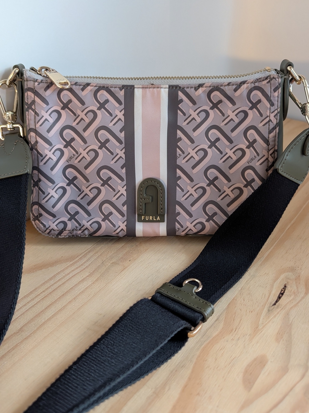 Furla Arch Logo Monogram Nylon Crossbody Bag Pink/Grey